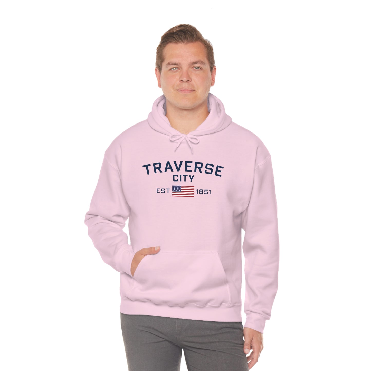 'Traverse City EST 1851' Hoodie (w/USA Flag Outline) | Unisex Standard