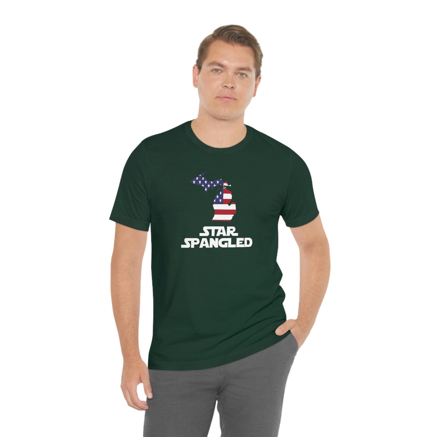 Michigan 'Star Spangled' T-Shirt (Epic Sci Fi Font w/ MI USA Flag Outline) | Unisex Standard Fit