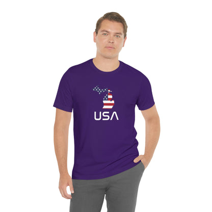 Michigan 'USA' T-Shirt (Space Agency Font w/ MI USA Flag Outline) | Unisex Standard Fit