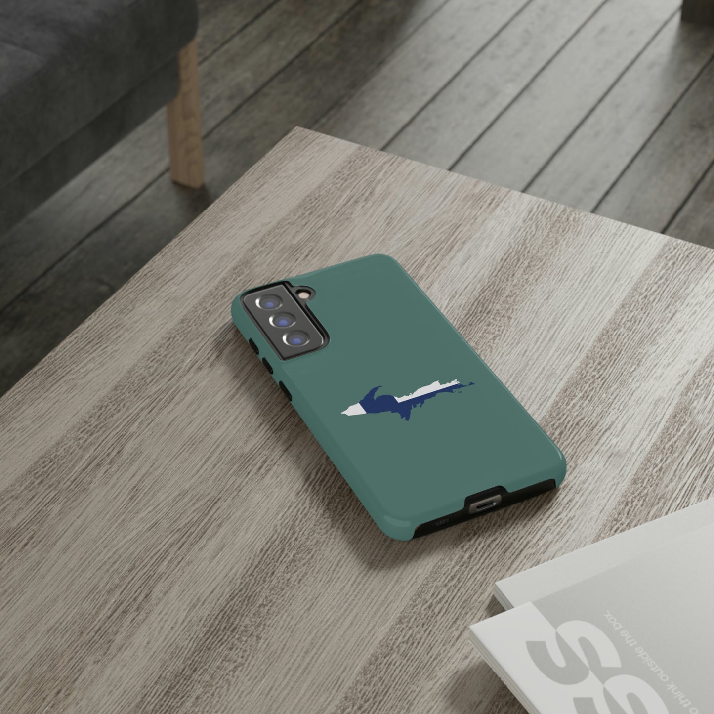 Michigan Upper Peninsula Tough Phone Case (Copper Green w/ UP Finland Flag Outline) | Samsung & Pixel Android