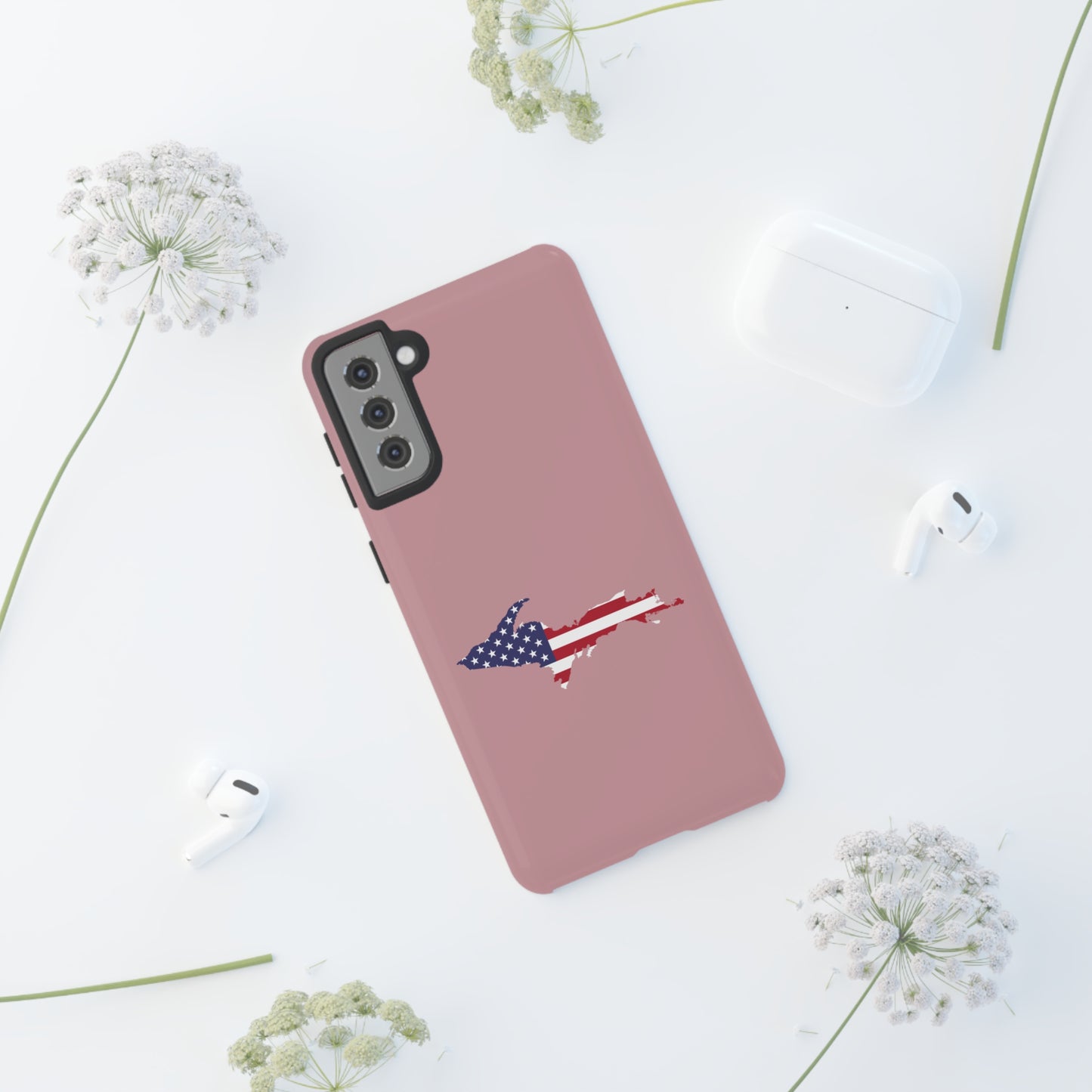 Michigan Upper Peninsula Tough Phone Case (Cherry Blossom Pink w/ UP USA Flag Outline) | Samsung & Pixel Android