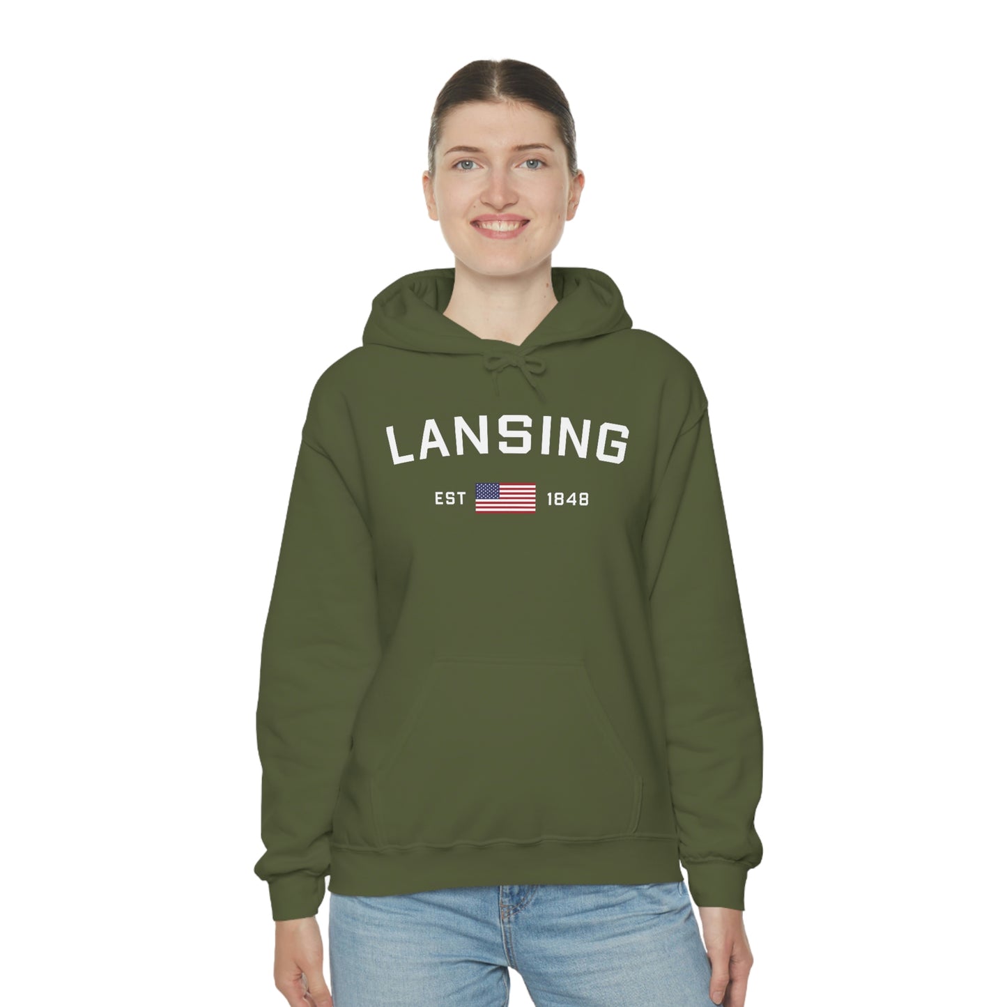 'Lansing EST 1848' Hoodie (w/USA Flag Outline) | Unisex Standard