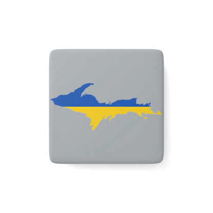 Michigan Upper Peninsula Porcelain Magnet (Silver w/ UP Ukraine Flag Outline)