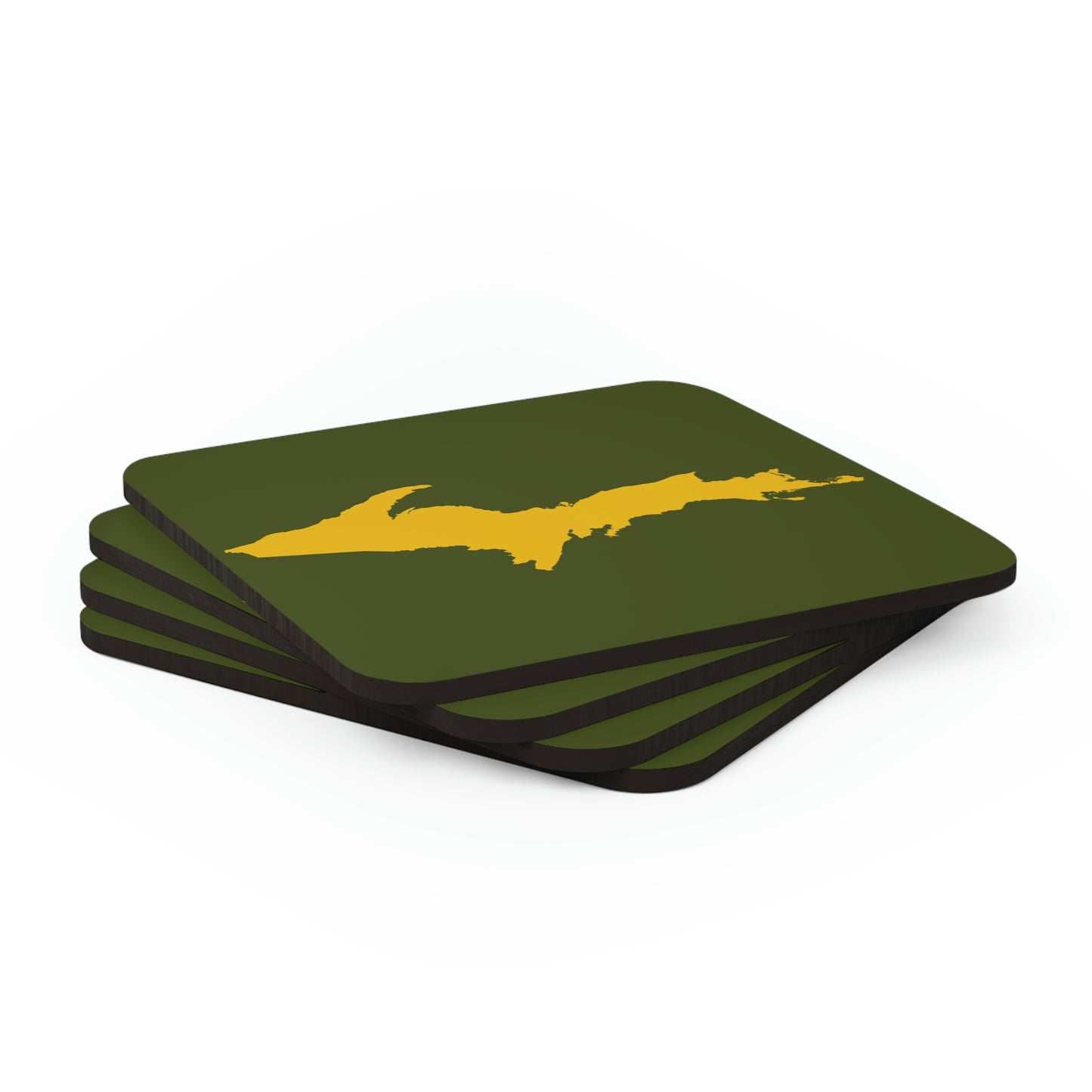 Michigan Upper Peninsula Coaster Set (Army Green w/ Gold UP Outline) | Corkwood - 4 pack