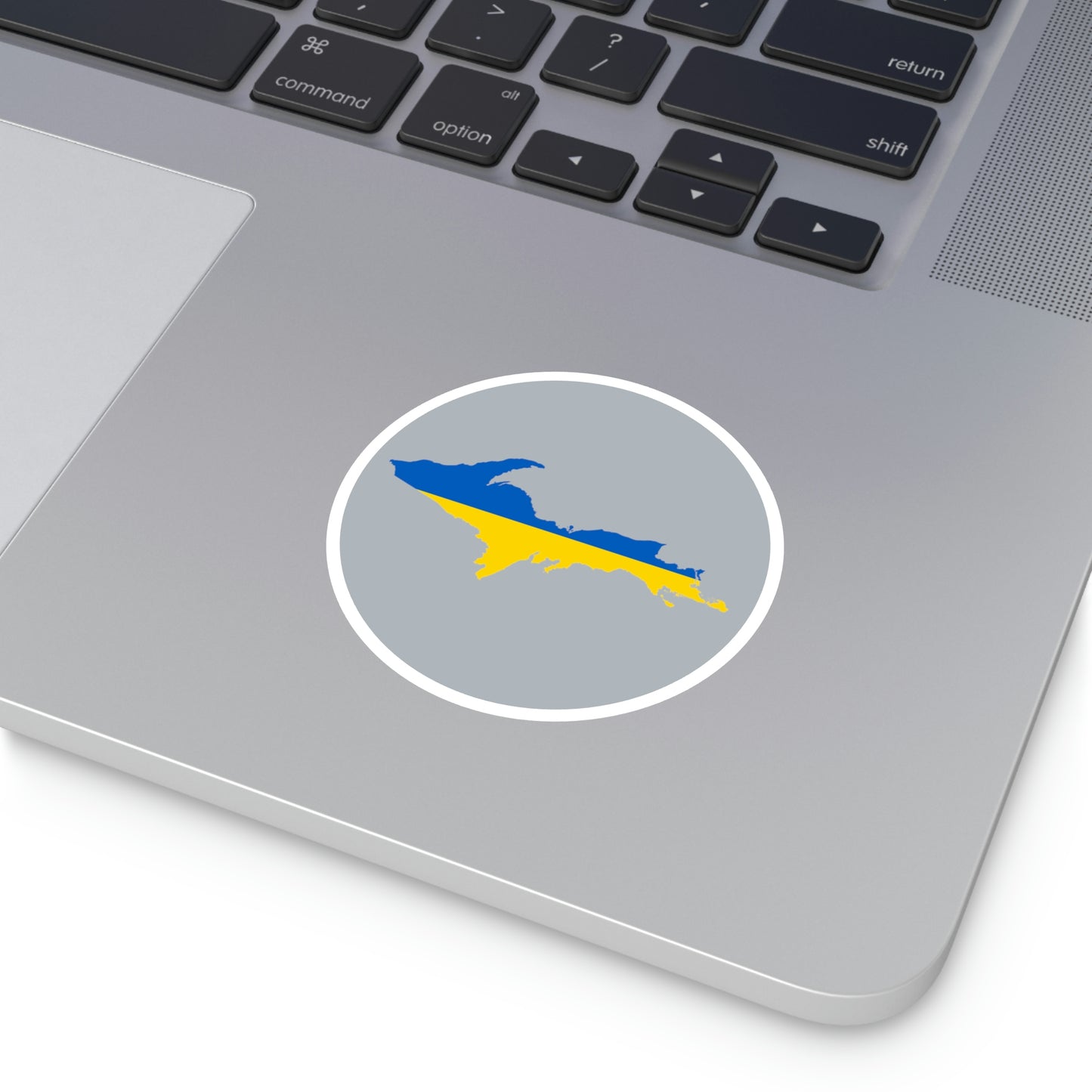 Michigan Upper Peninsula Round Stickers (Silver w/ UP Ukraine Flag Outline) | Indoor\Outdoor