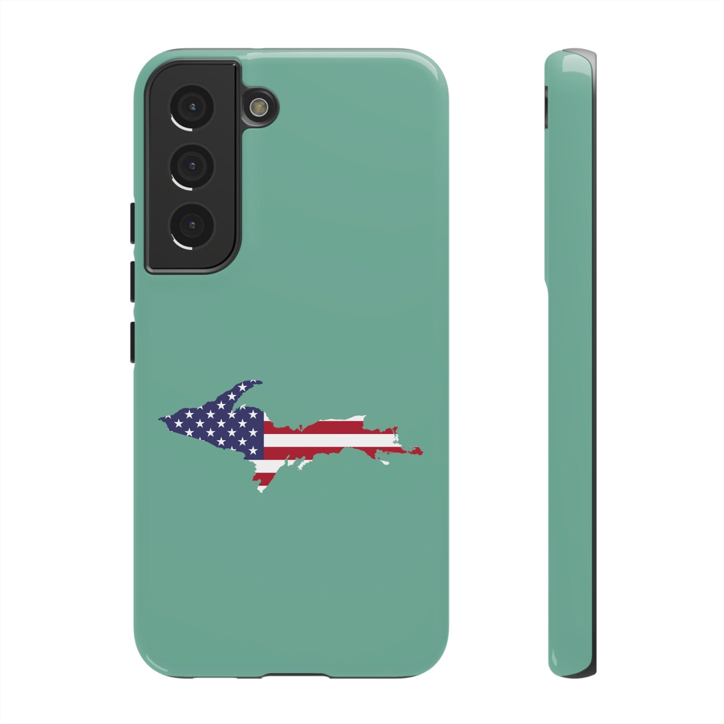 Michigan Upper Peninsula Tough Phone Case ('64 Metallic Mint Green w/ UP USA Flag Outline) | Samsung & Pixel Android