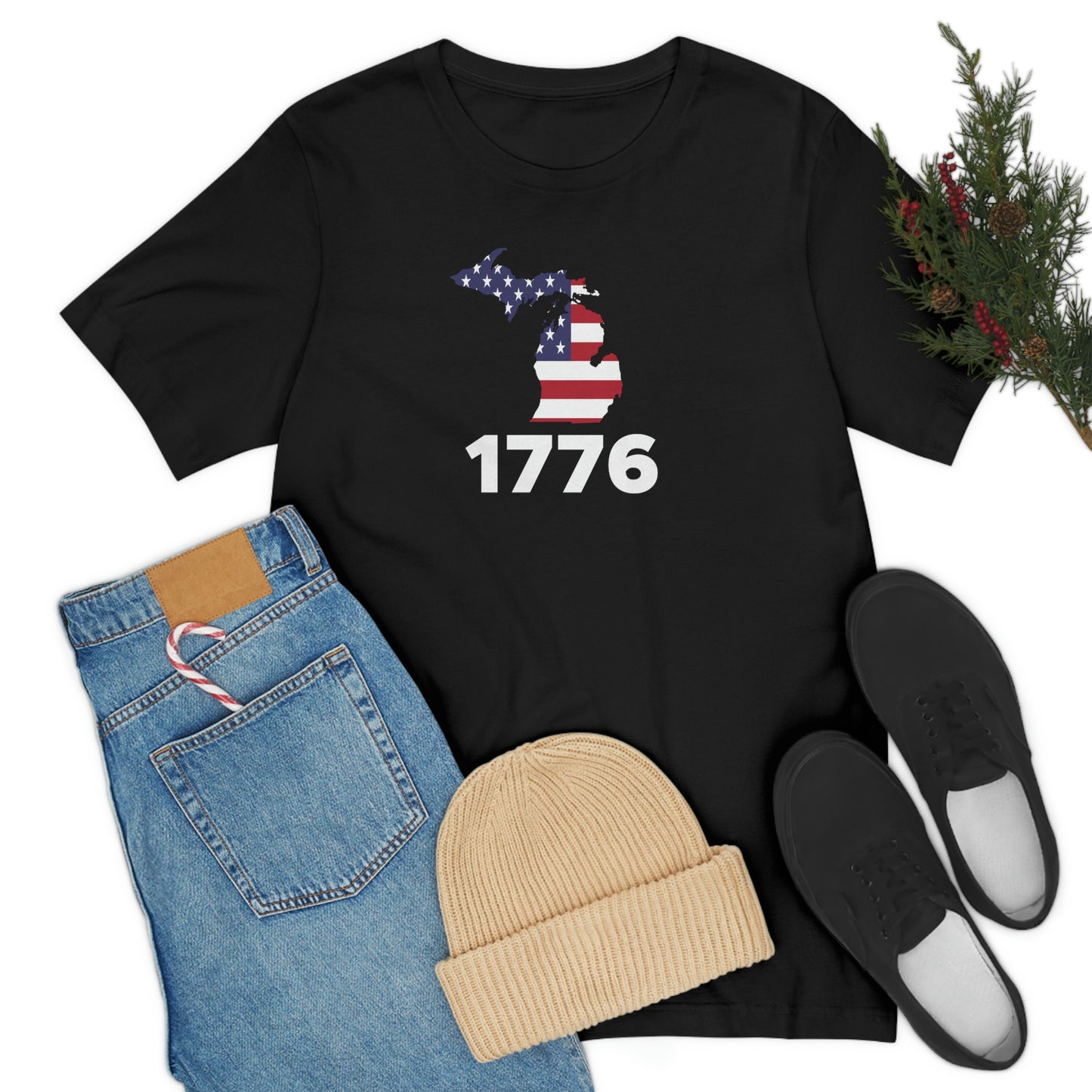 Michigan '1776' T-Shirt (Geometric Sans Font w/ MI USA Flag Outline) | Unisex Standard Fit