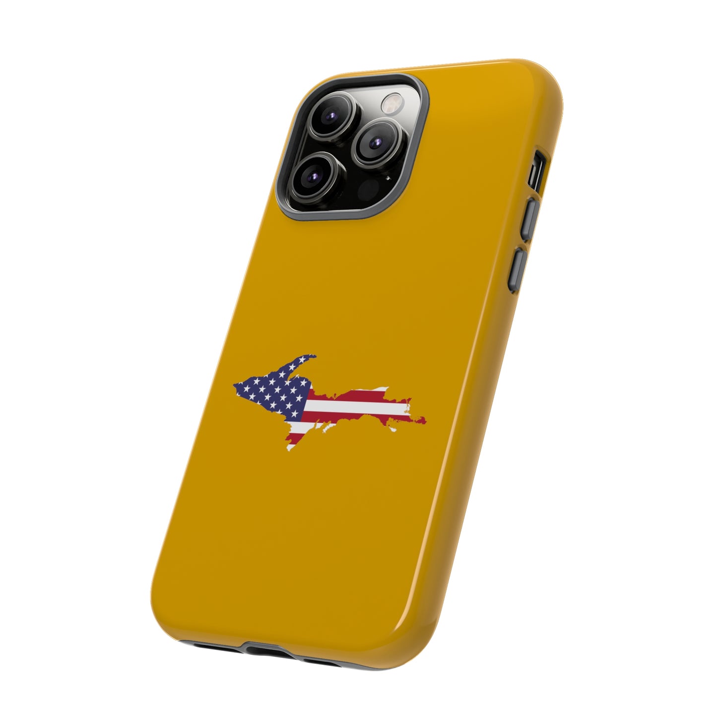 Michigan Upper Peninsula Tough Phone Case (Gold w/ UP USA Flag Outline) | Apple iPhone