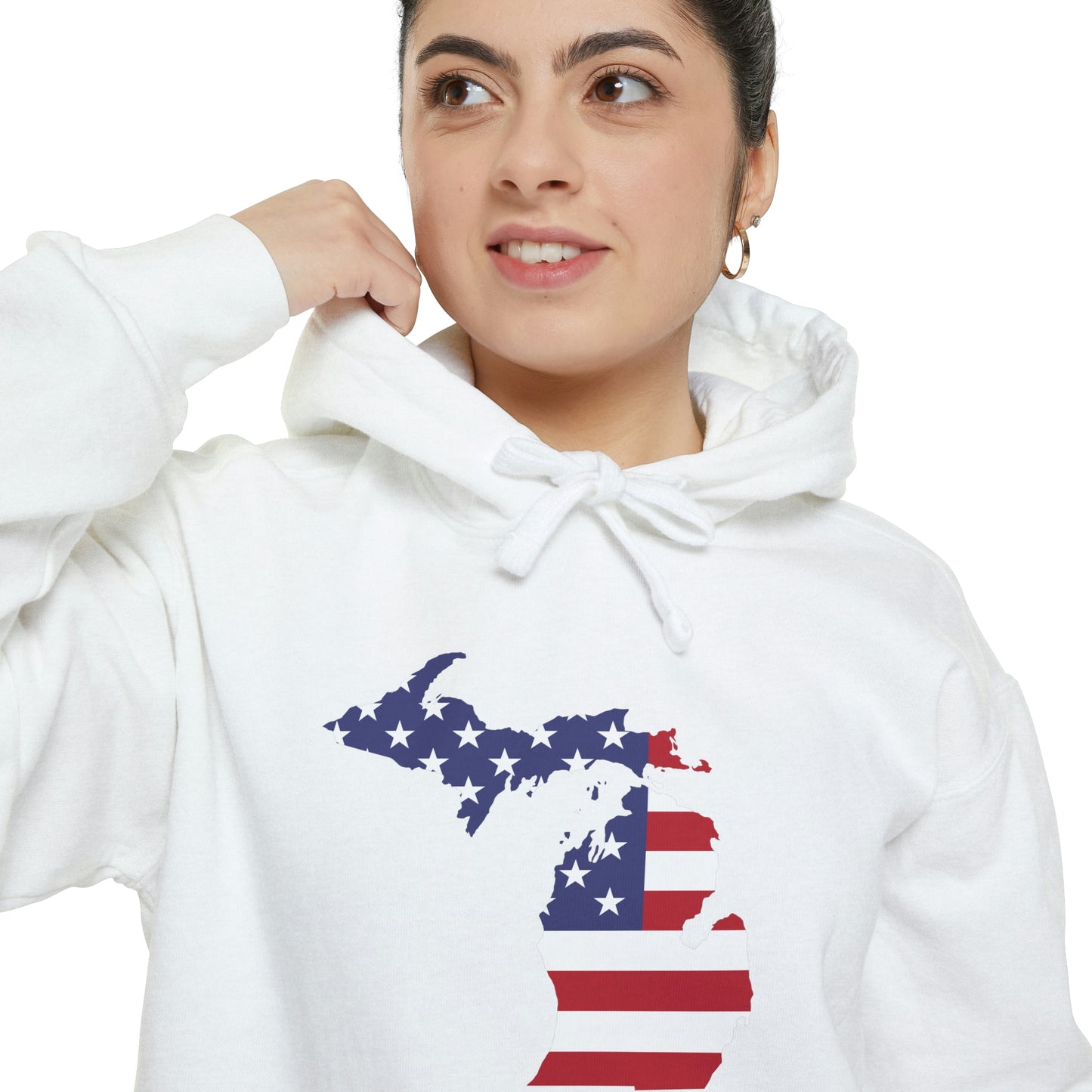 Michigan Upper Peninsula Hoodie (w/ MI USA Flag Outline) | Unisex Garment-Dyed