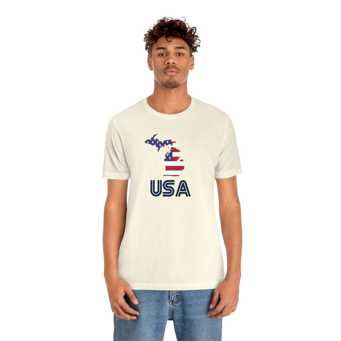 Michigan 'USA' T-Shirt (Audiophile Font w/ MI USA Flag Outline) | Unisex Standard Fit