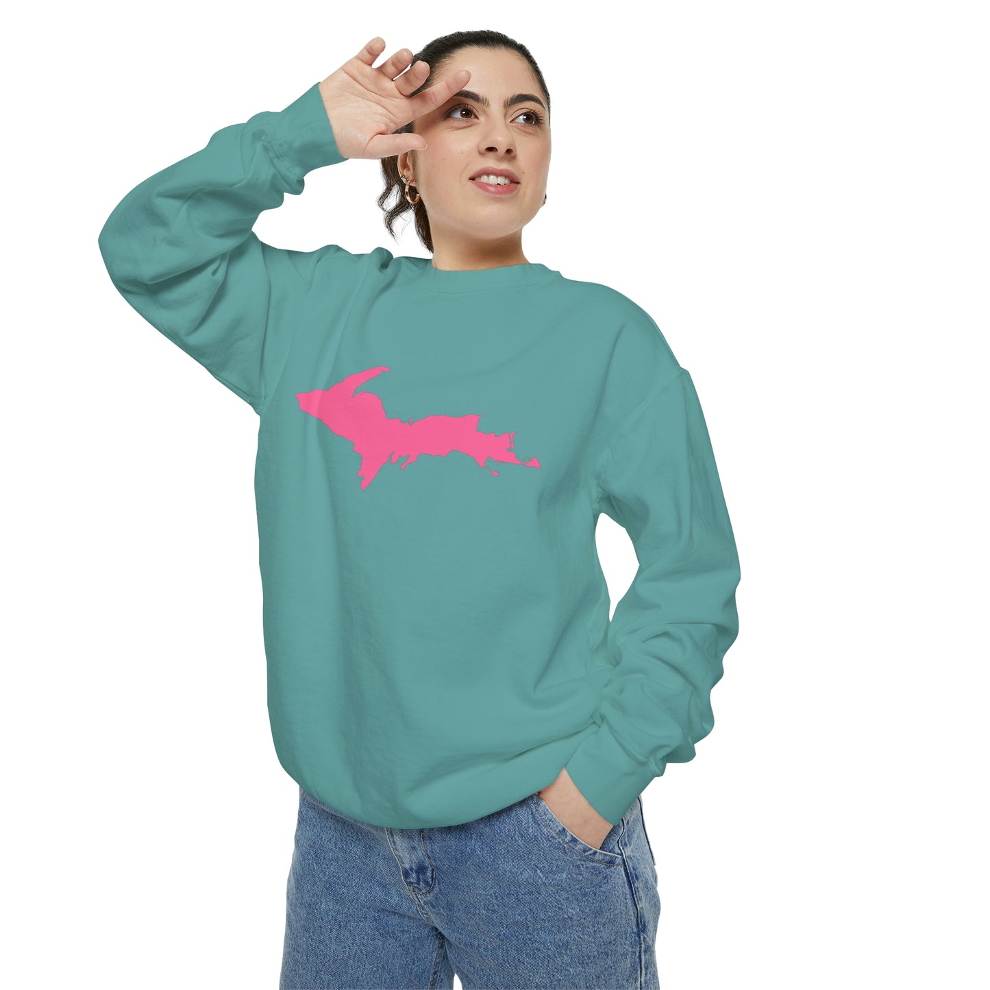 Michigan Upper Peninsula Sweatshirt (w/ Pink UP Outline) | Unisex Garment Dyed