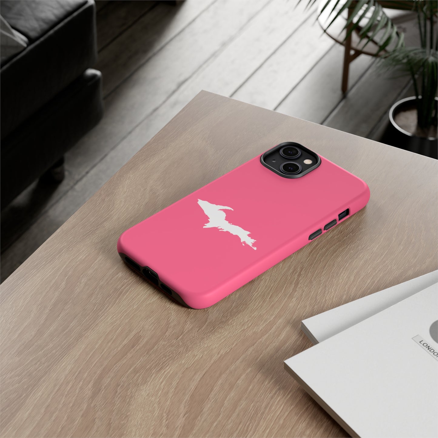 Michigan Upper Peninsula Tough Phone Case (Rhodochrosite Pink w/ UP Outline) | Apple iPhone