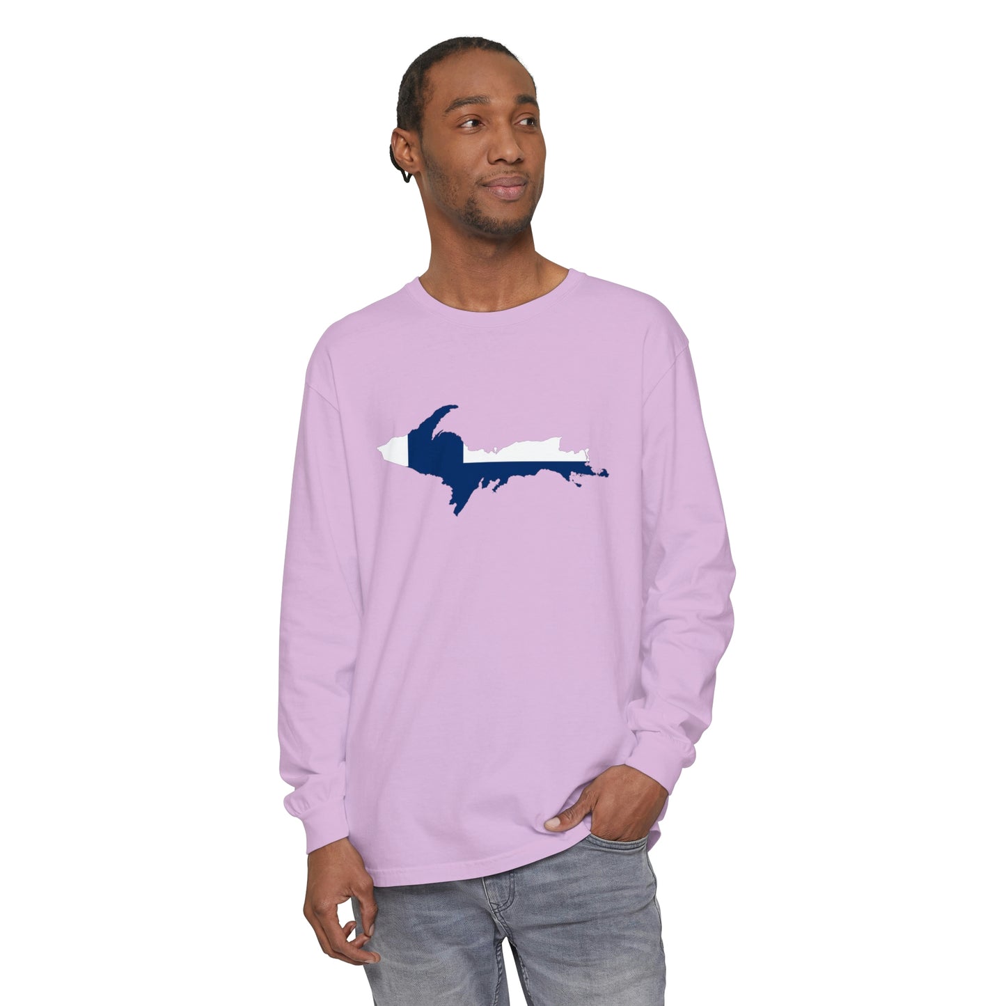 Michigan Upper Peninsula Garment-Dyed T-Shirt (w/ UP Finland Flag Outline) | Unisex Long Sleeve