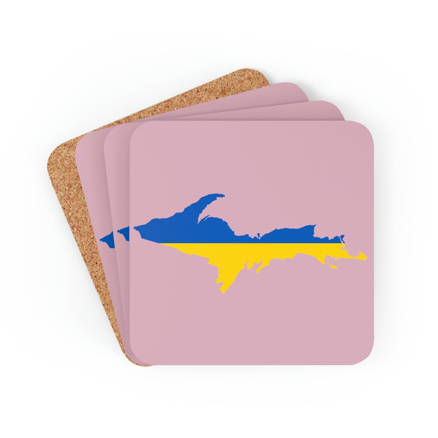 Michigan Upper Peninsula Coaster Set (Pink w/ UP Ukraine Flag Outline) | Corkwood - 4 pack