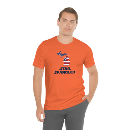 Michigan 'Star Spangled' T-Shirt (Epic Sci Fi Font w/ MI USA Flag Outline) | Unisex Standard Fit