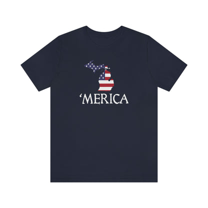 Michigan 'Merica' T-Shirt (Elizabethan Font w/ MI USA Flag Outline) | Unisex Standard Fit