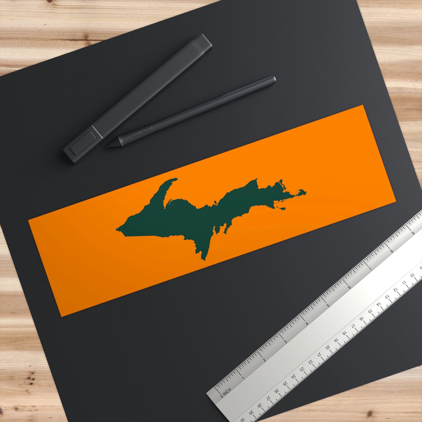 Michigan Upper Peninsula Bumper Sticker (w/ Green UP Outline) | Orange Background