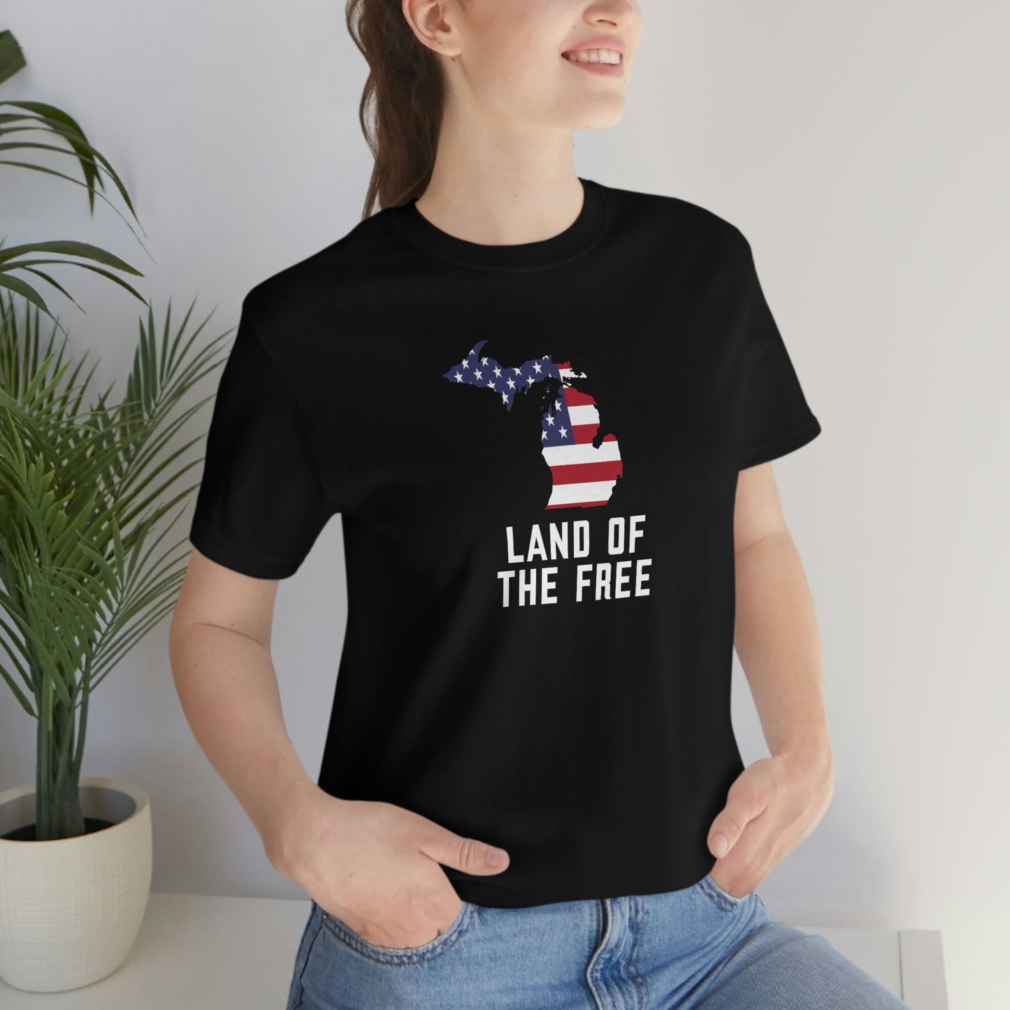 Michigan 'Land of the Free' T-Shirt (Gothic Font w/ MI USA Flag Outline) | Unisex Standard Fit