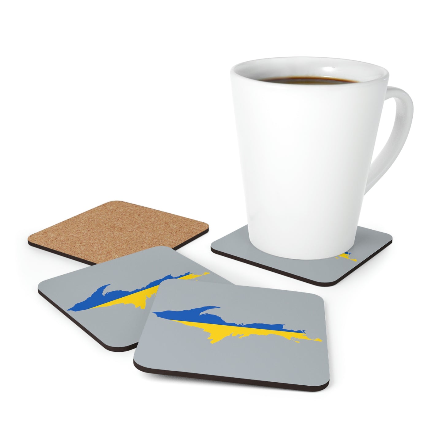 Michigan Upper Peninsula Coaster Set (Silver w/ UP Ukraine Flag Outline) | Corkwood - 4 pack