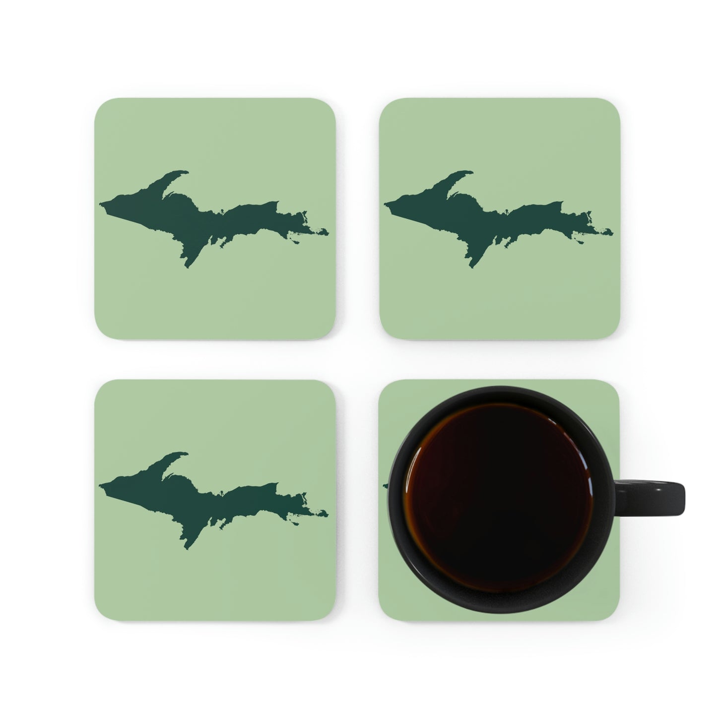 Michigan Upper Peninsula Coaster Set (Green Tea Color w/ Green UP Outline) | Corkwood - 4 pack