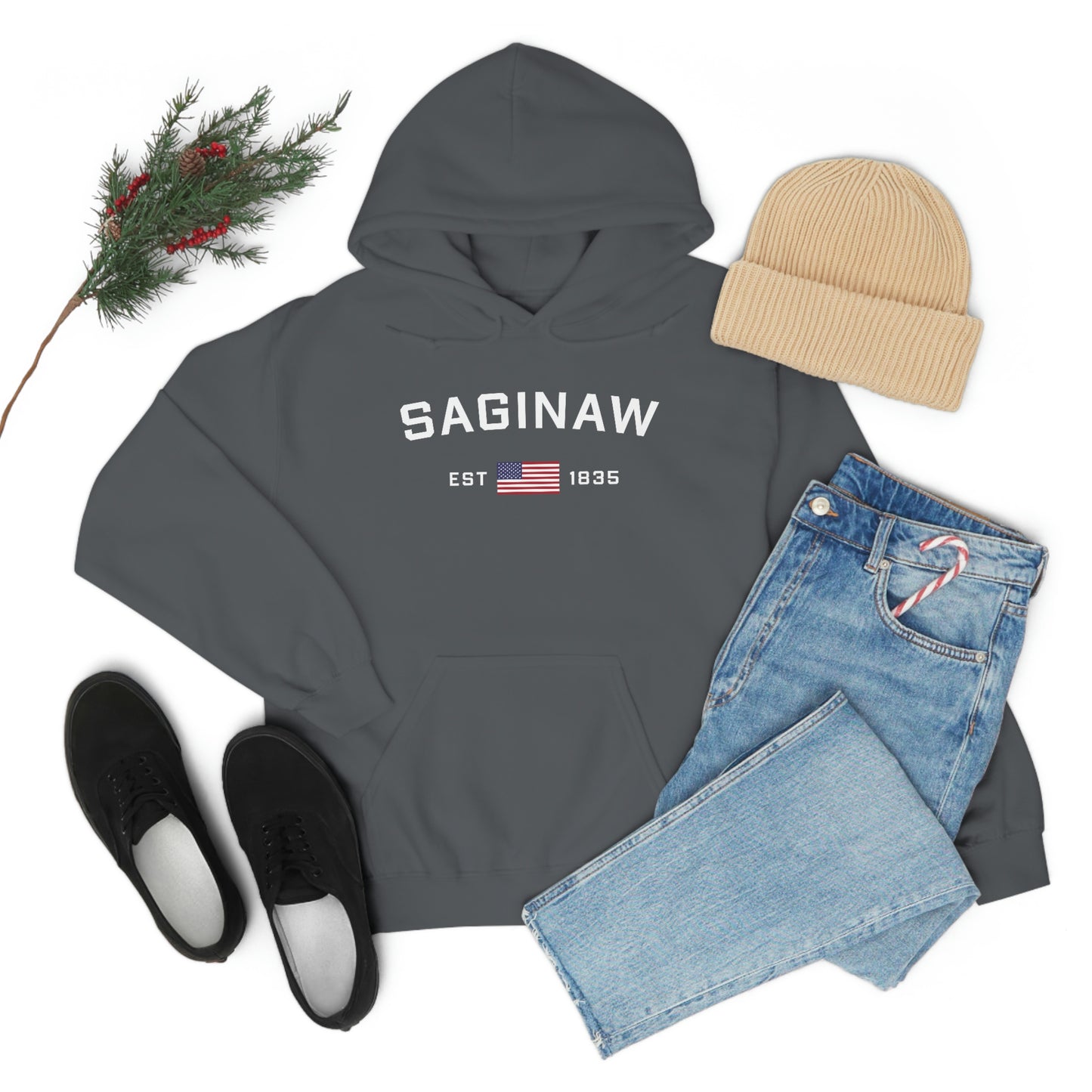 'Saginaw EST 1835' Hoodie (w/USA Flag Outline) | Unisex Standard