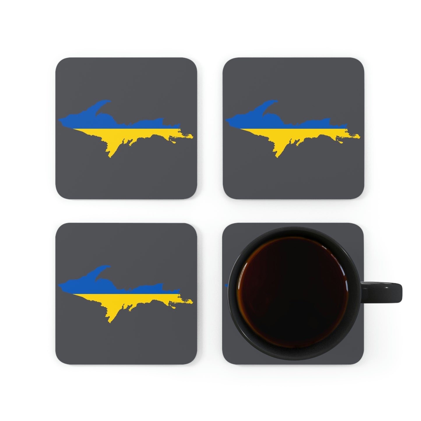 Michigan Upper Peninsula Coaster Set (Iron Ore Grey w/ UP Ukraine Flag Outline) | Corkwood - 4 pack