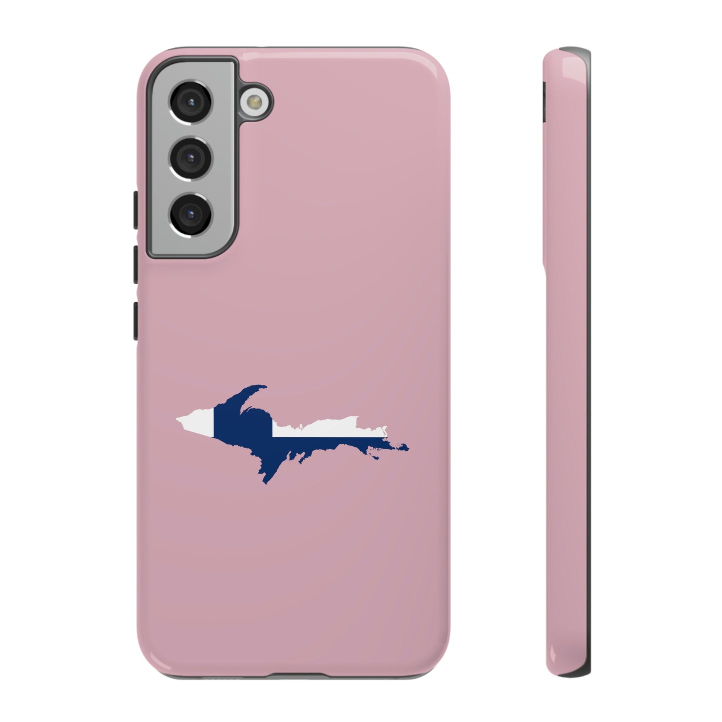 Michigan Upper Peninsula Tough Phone Case (Pink w/ UP Finland Flag Outline) | Samsung & Pixel Android