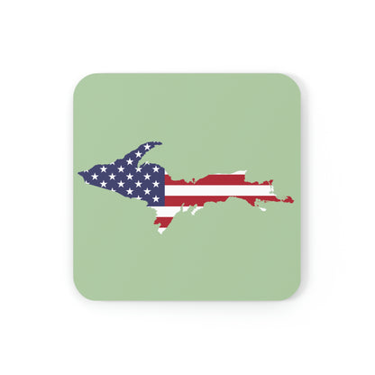 Michigan Upper Peninsula Coaster Set (Green Tea Color Color w/ UP USA Flag Outline) | Corkwood - 4 pack