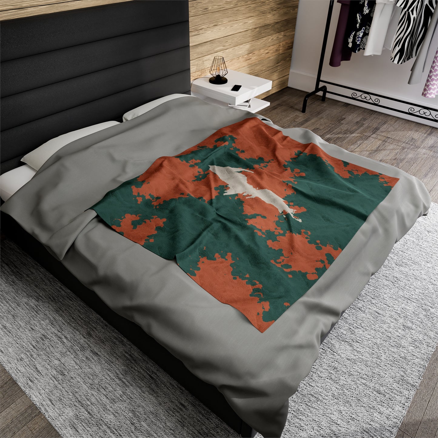 Michigan Upper Peninsula Plush Blanket (Copper Country Camo w/ UP Outline) | Canvas Color