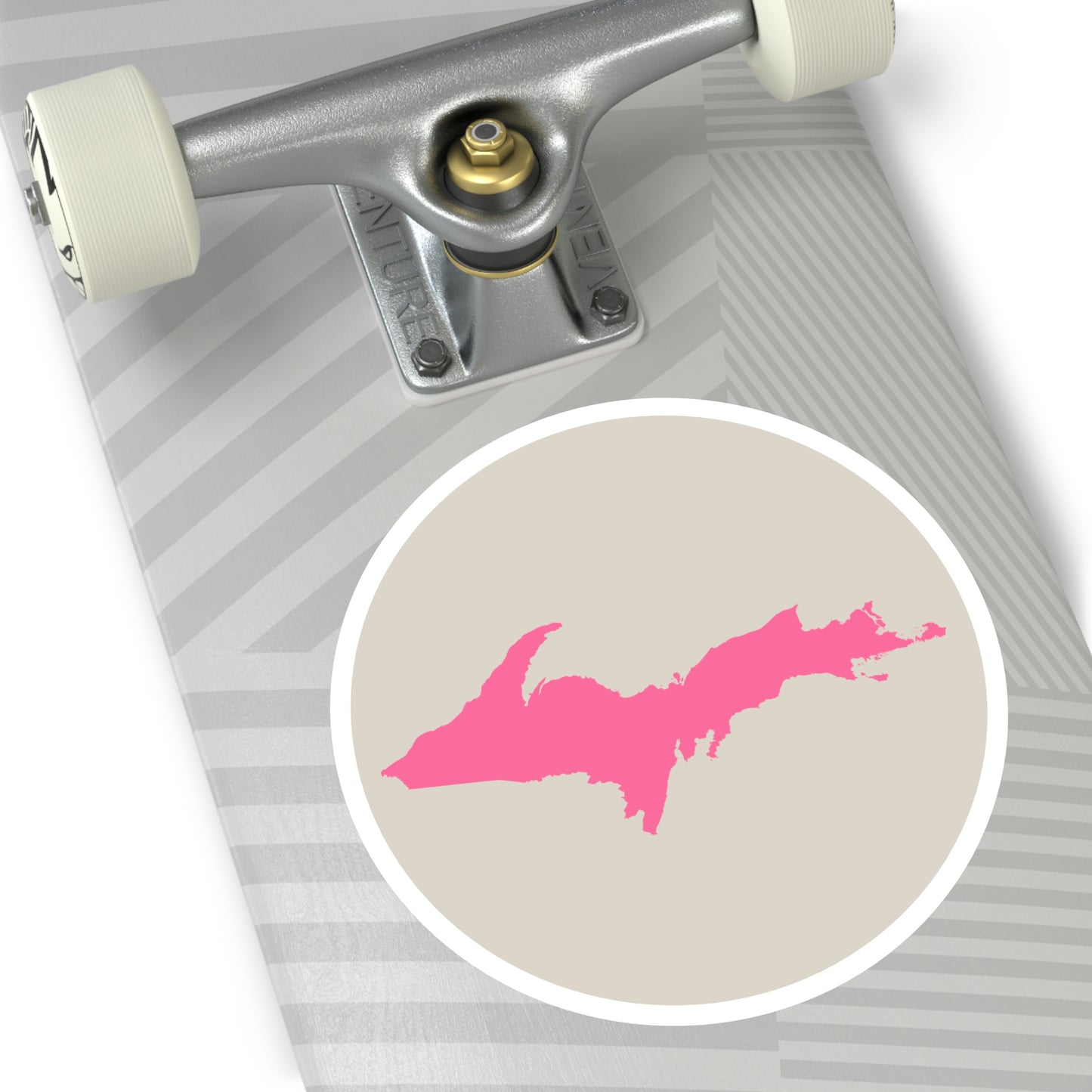 Michigan Upper Peninsula Round Stickers (Canvas Color w/ Pink UP Outline) | Indoor\Outdoor