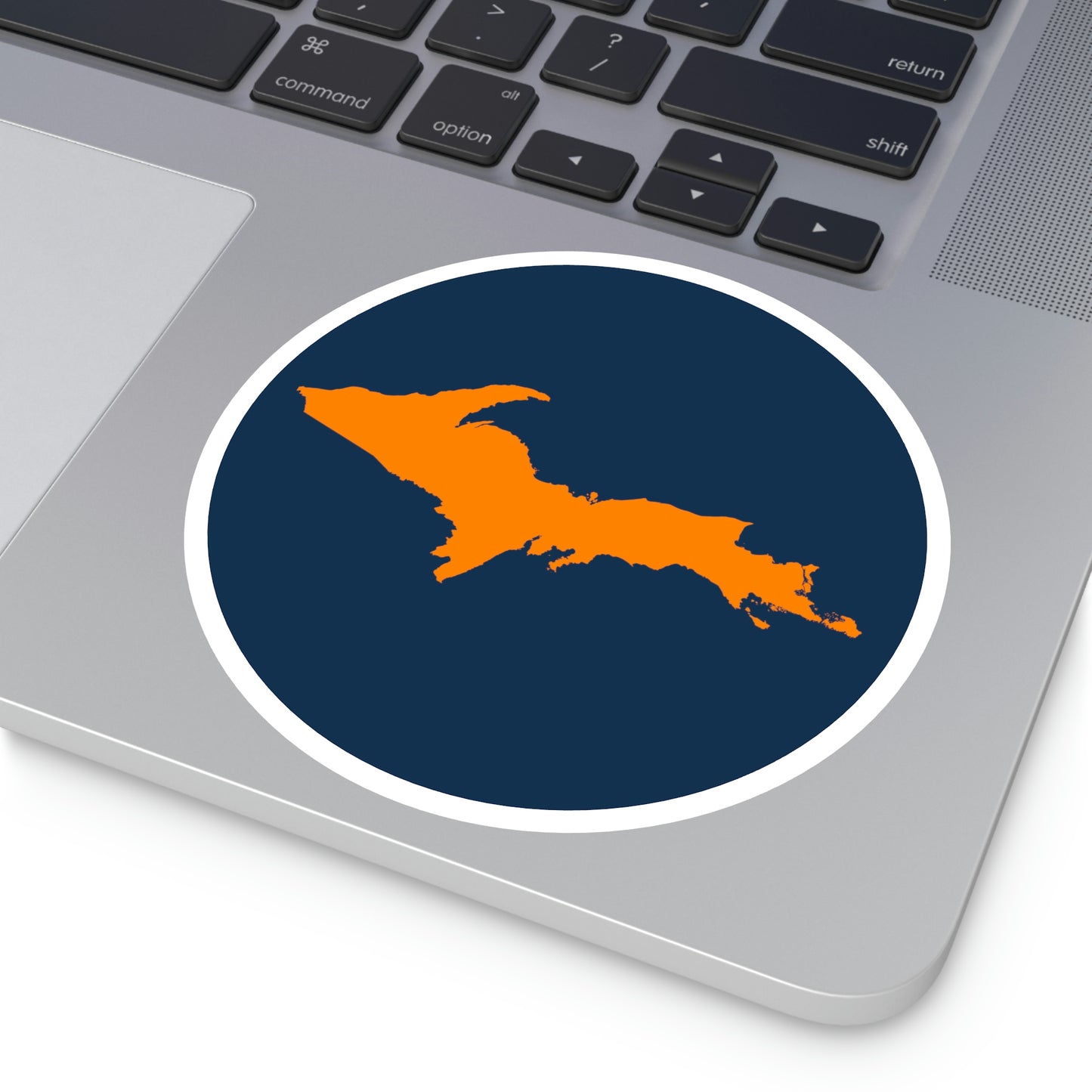 Michigan Upper Peninsula Round Stickers (Navy w/ Orange UP Outline) | Indoor\Outdoor