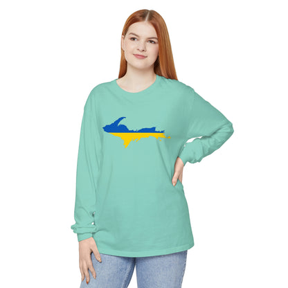 Michigan Upper Peninsula Garment-Dyed T-Shirt (w/ UP Ukraine Flag Outline) | Unisex Long Sleeve