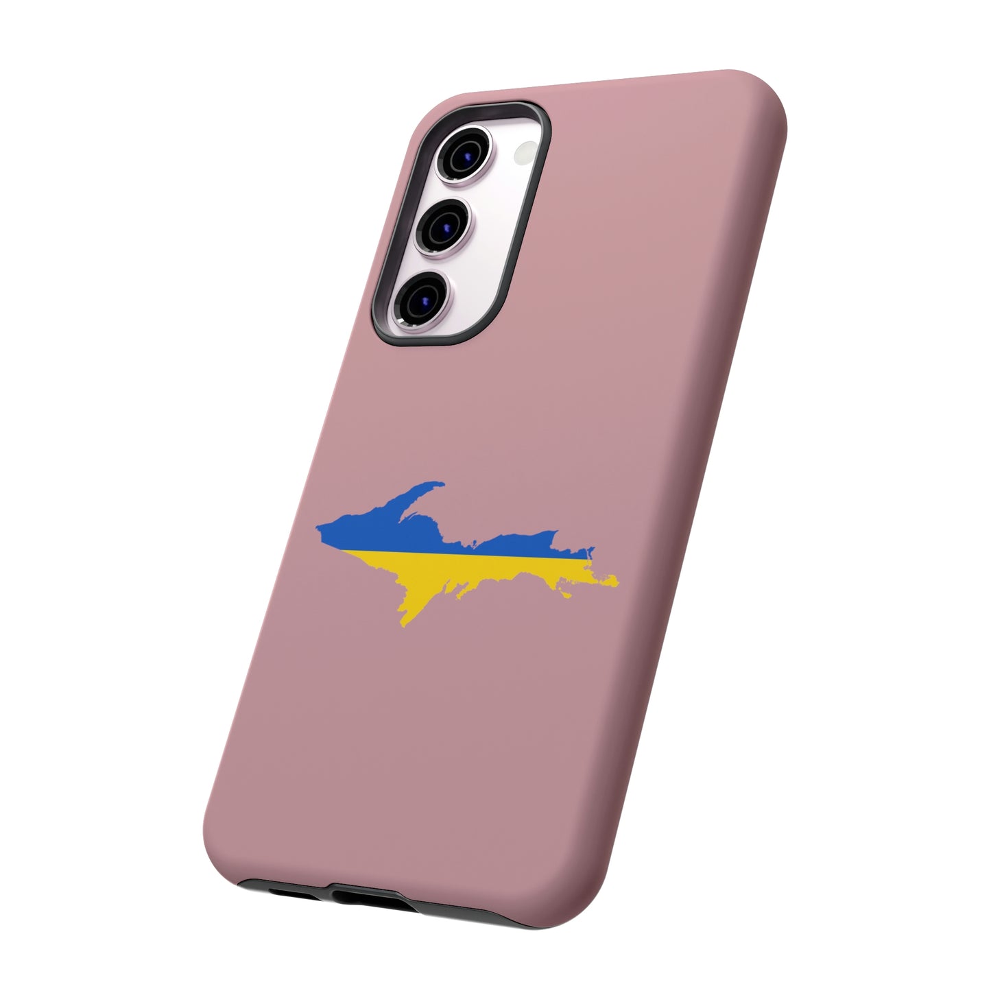 Michigan Upper Peninsula Tough Phone Case (Cherry Blossom Pink w/ UP Ukraine Flag Outline) | Samsung & Pixel Android