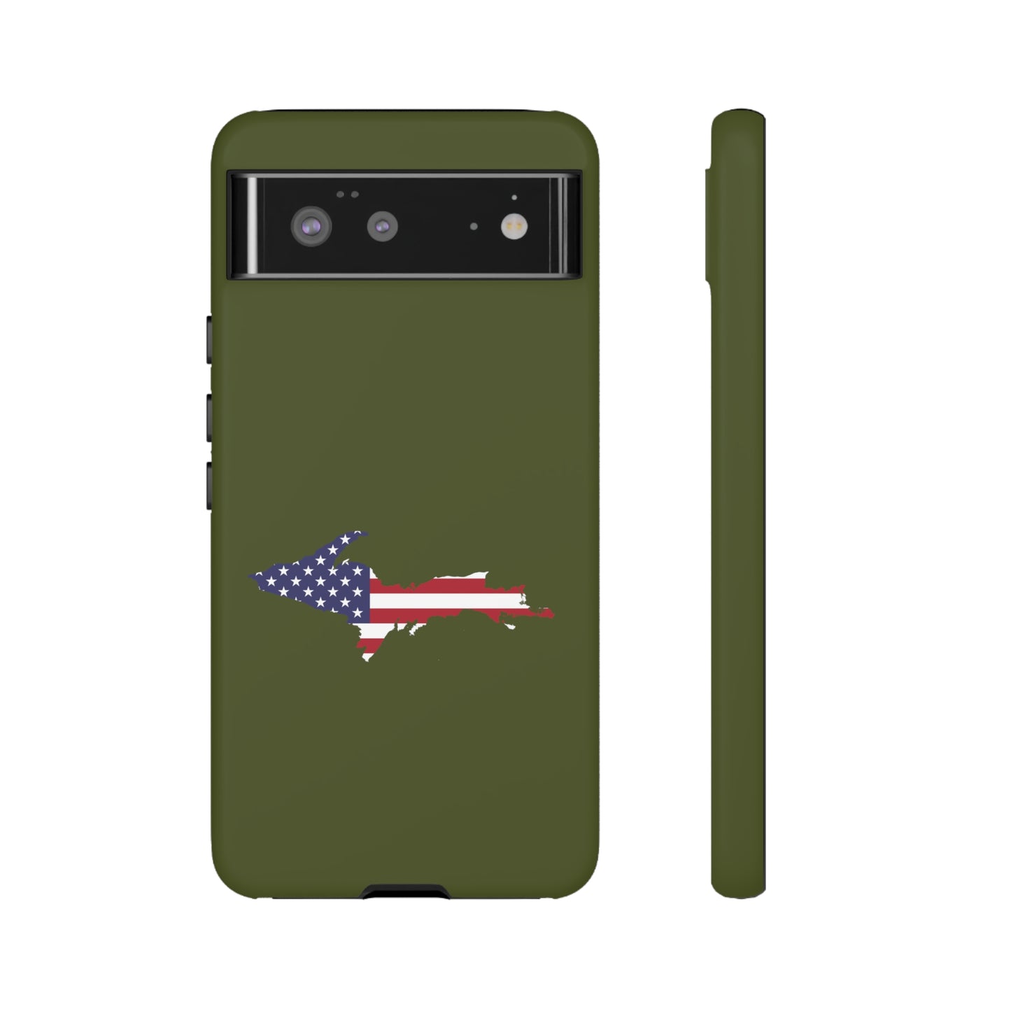 Michigan Upper Peninsula Tough Phone Case (Army Green w/ UP USA Flag Outline) | Samsung & Pixel Android