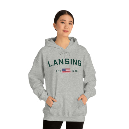 'Lansing EST 1848' Hoodie (w/USA Flag Outline) | Unisex Standard