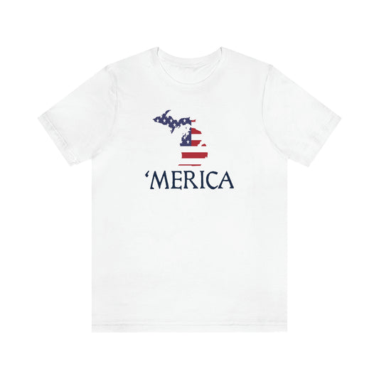 Michigan 'Merica' T-Shirt (Elizabethan Font w/ MI USA Flag Outline) | Unisex Standard Fit