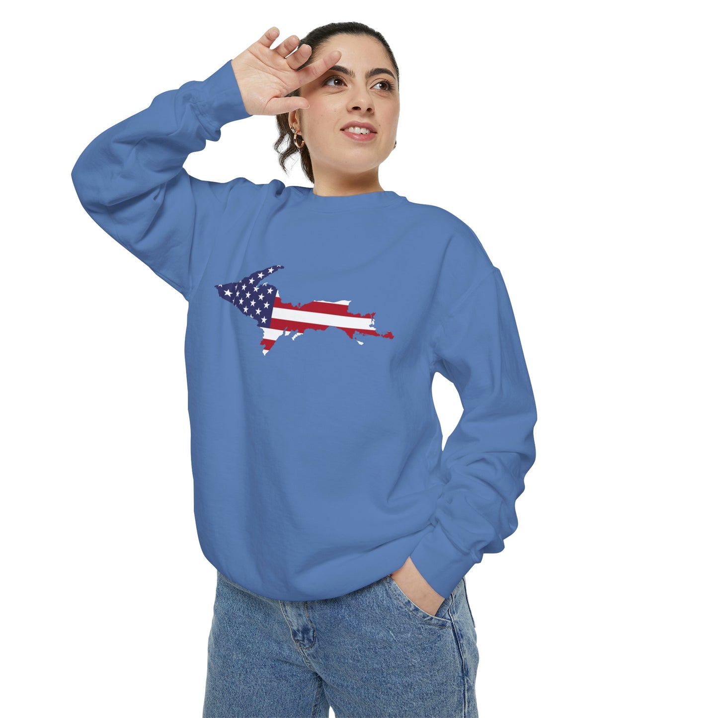 Michigan Upper Peninsula Sweatshirt (w/ UP USA Flag Outline) | Unisex Garment Dyed