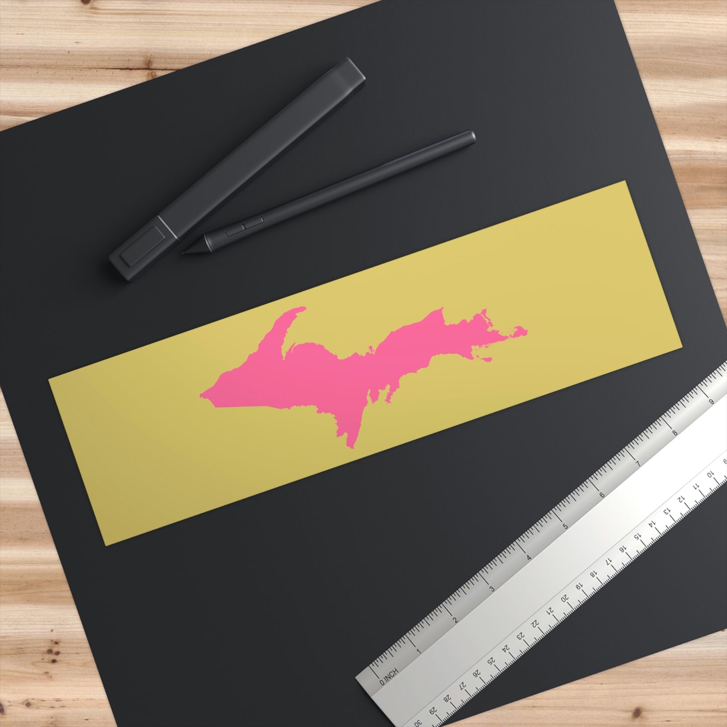 Michigan Upper Peninsula Bumper Sticker (w/ Pink UP Outline) | Plum Yellow Background