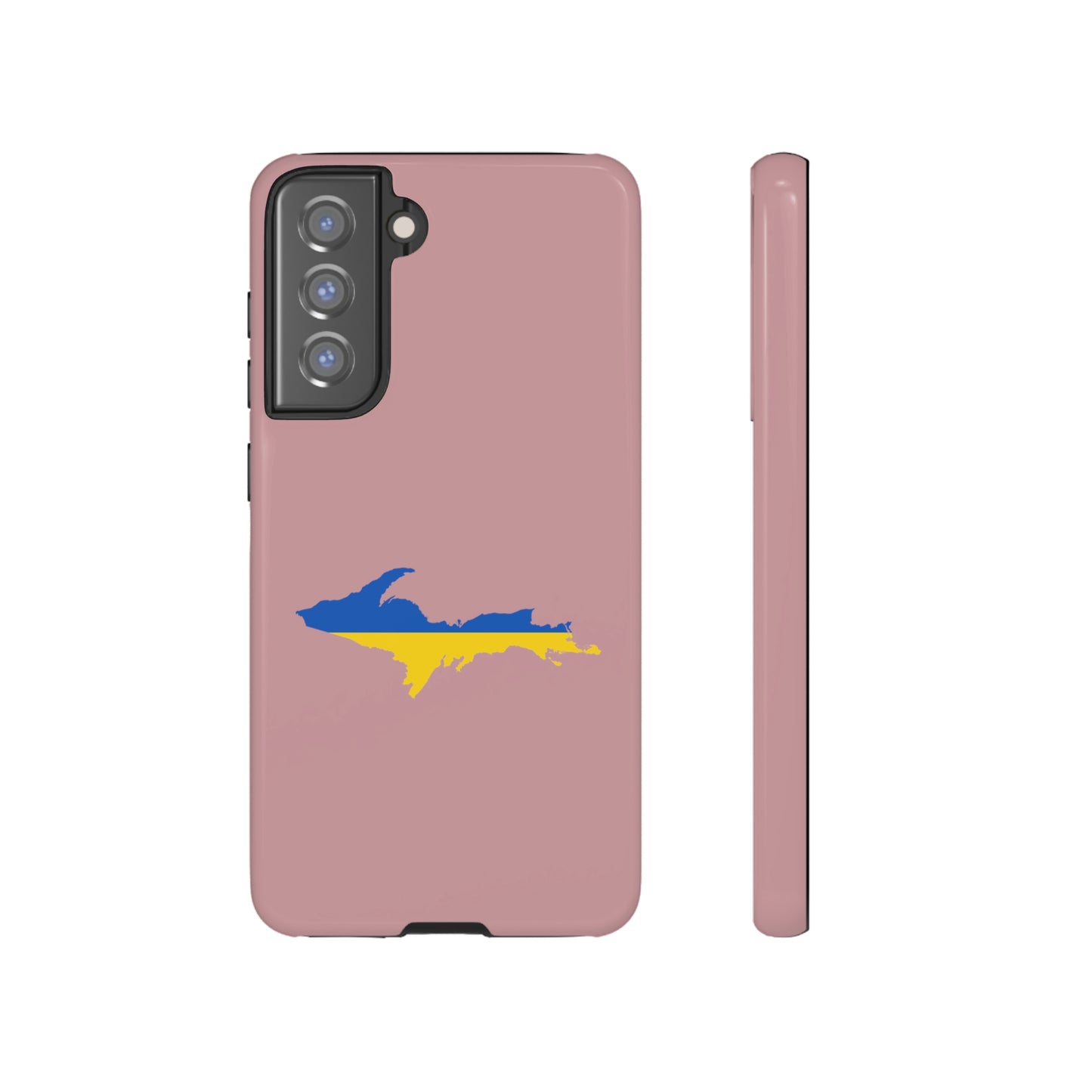 Michigan Upper Peninsula Tough Phone Case (Cherry Blossom Pink w/ UP Ukraine Flag Outline) | Samsung & Pixel Android