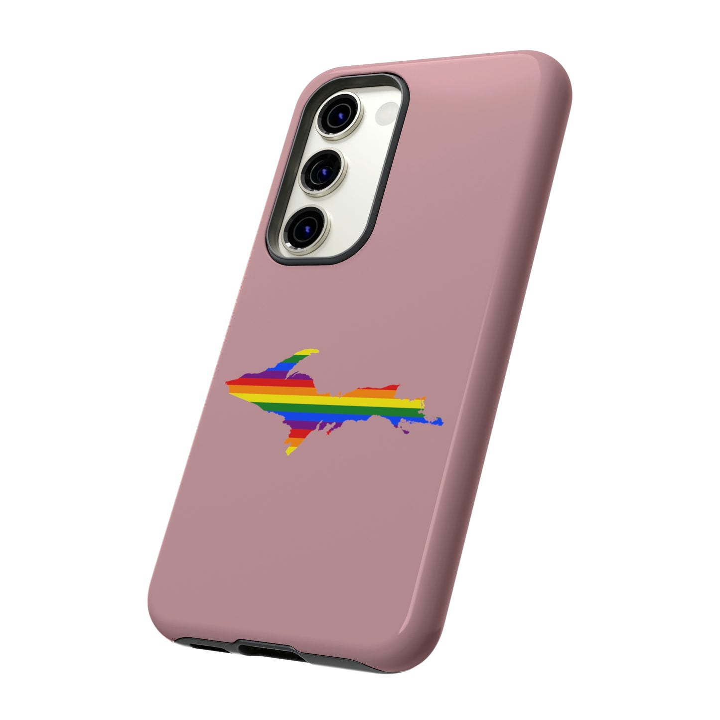 Michigan Upper Peninsula Tough Phone Case (Cherry Blossom Pink w/ UP Pride Flag Outline) | Samsung & Pixel Android