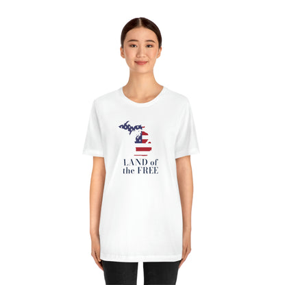 Michigan 'Land of the Free' T-Shirt (Didone Font w/ MI USA Flag Outline) | Unisex Standard Fit