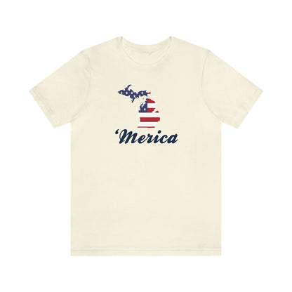 Michigan 'Merica' T-Shirt (Script Font w/ MI USA Flag Outline) | Unisex Standard Fit