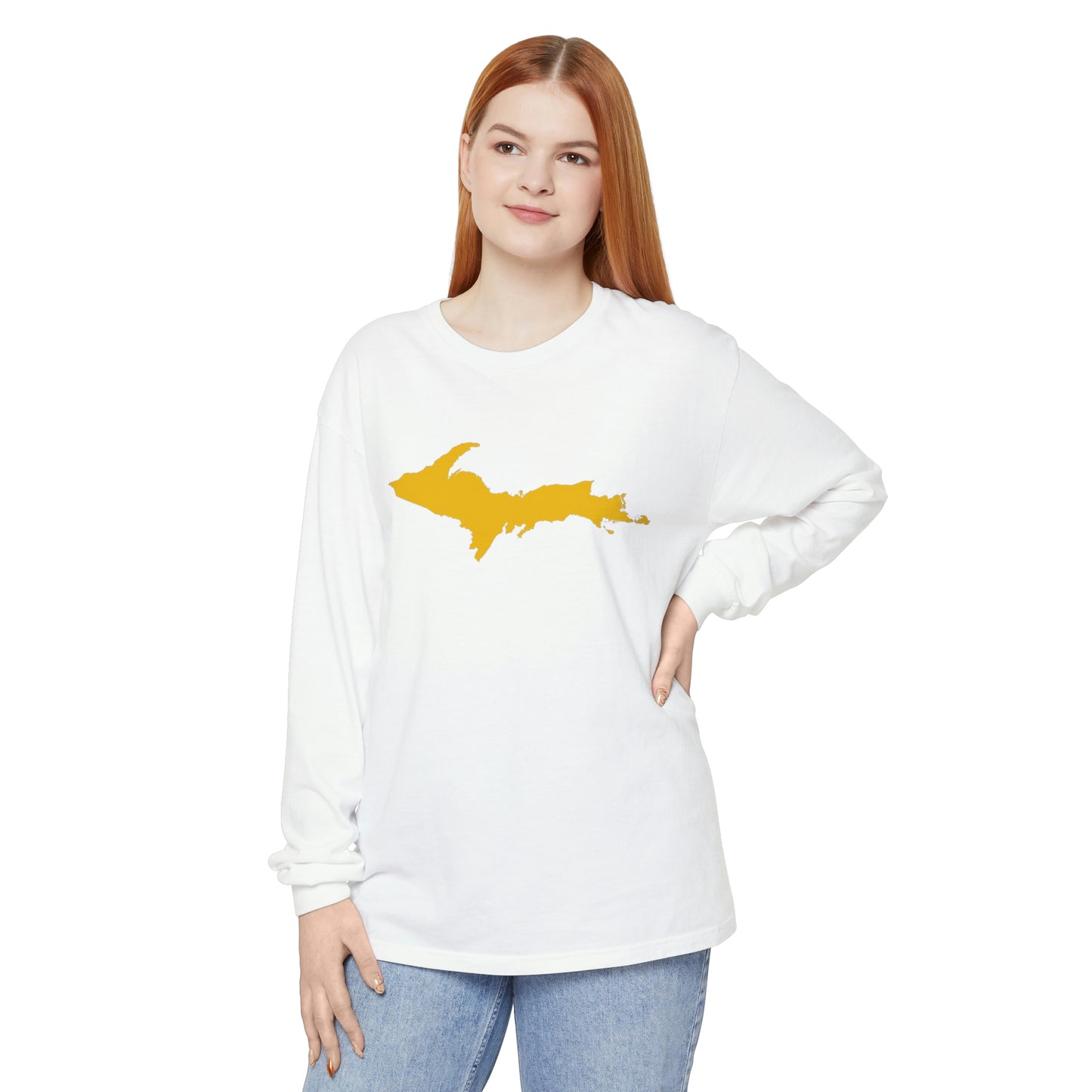 Michigan Upper Peninsula Garment-Dyed T-Shirt (w/ Gold UP Outline) | Unisex Long Sleeve