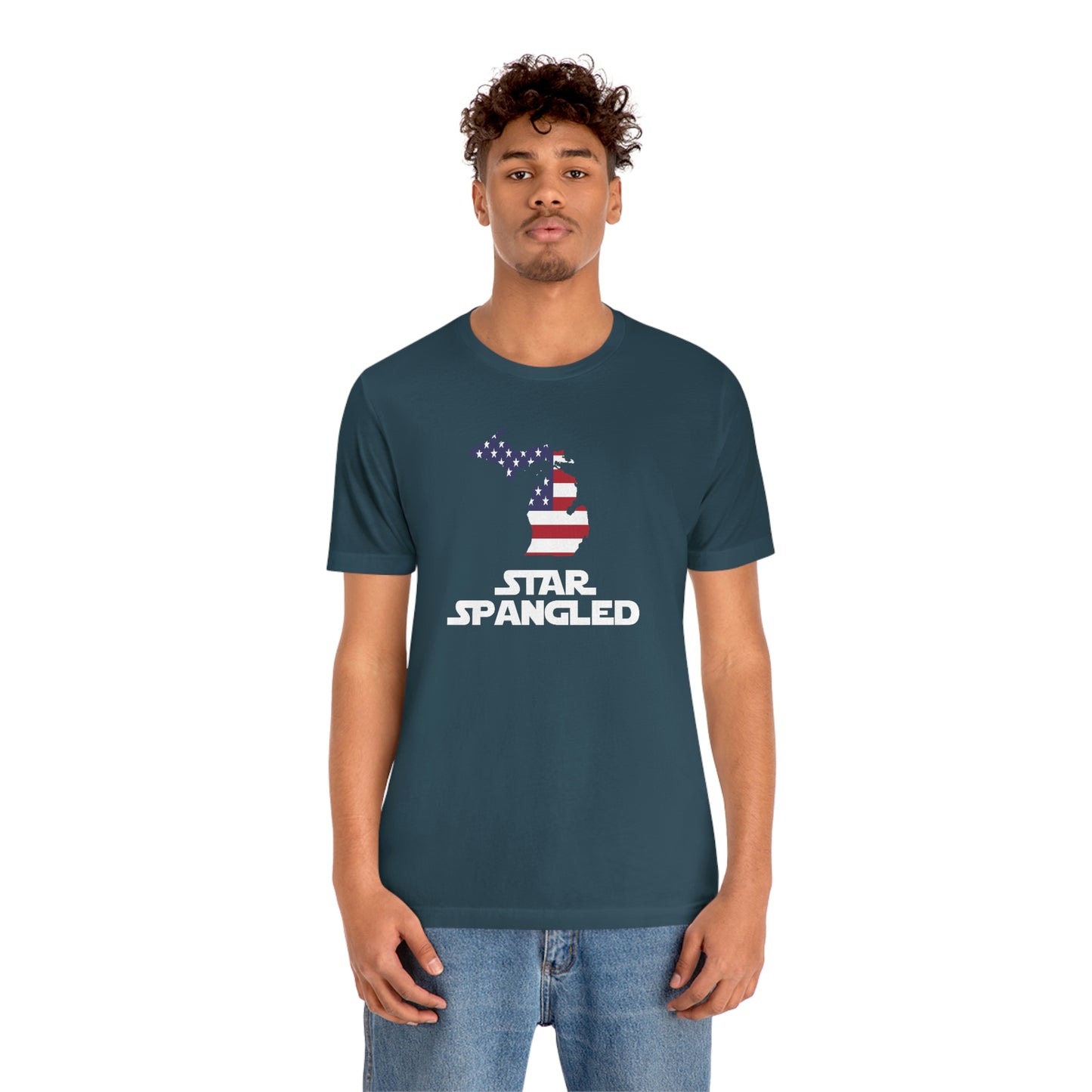 Michigan 'Star Spangled' T-Shirt (Epic Sci Fi Font w/ MI USA Flag Outline) | Unisex Standard Fit