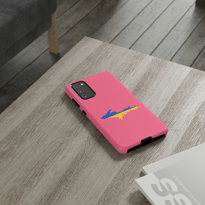 Michigan Upper Peninsula Tough Phone Case (Rhodochrosite Pink w/ UP Ukraine Flag Outline) | Samsung & Pixel Android