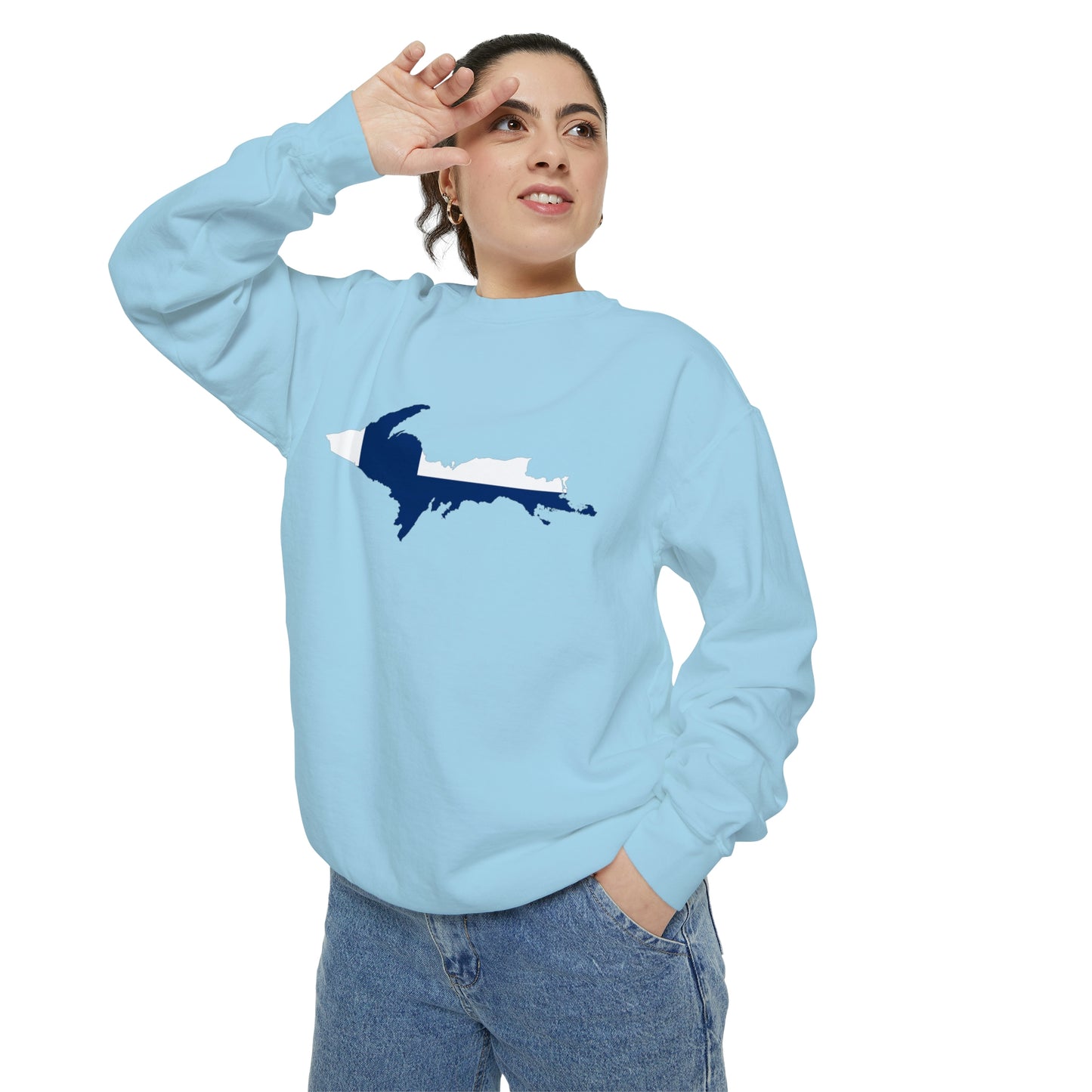 Michigan Upper Peninsula Sweatshirt (w/ UP Finland Flag Outline) | Unisex Garment Dyed