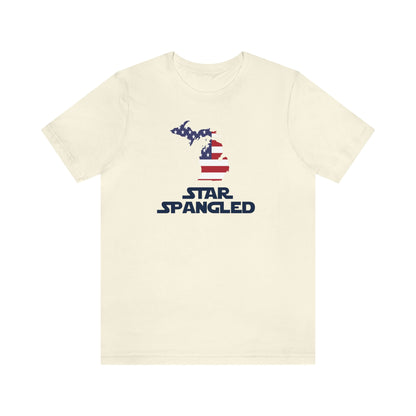 Michigan 'Star Spangled' T-Shirt (Epic Sci Fi Font w/ MI USA Flag Outline) | Unisex Standard Fit