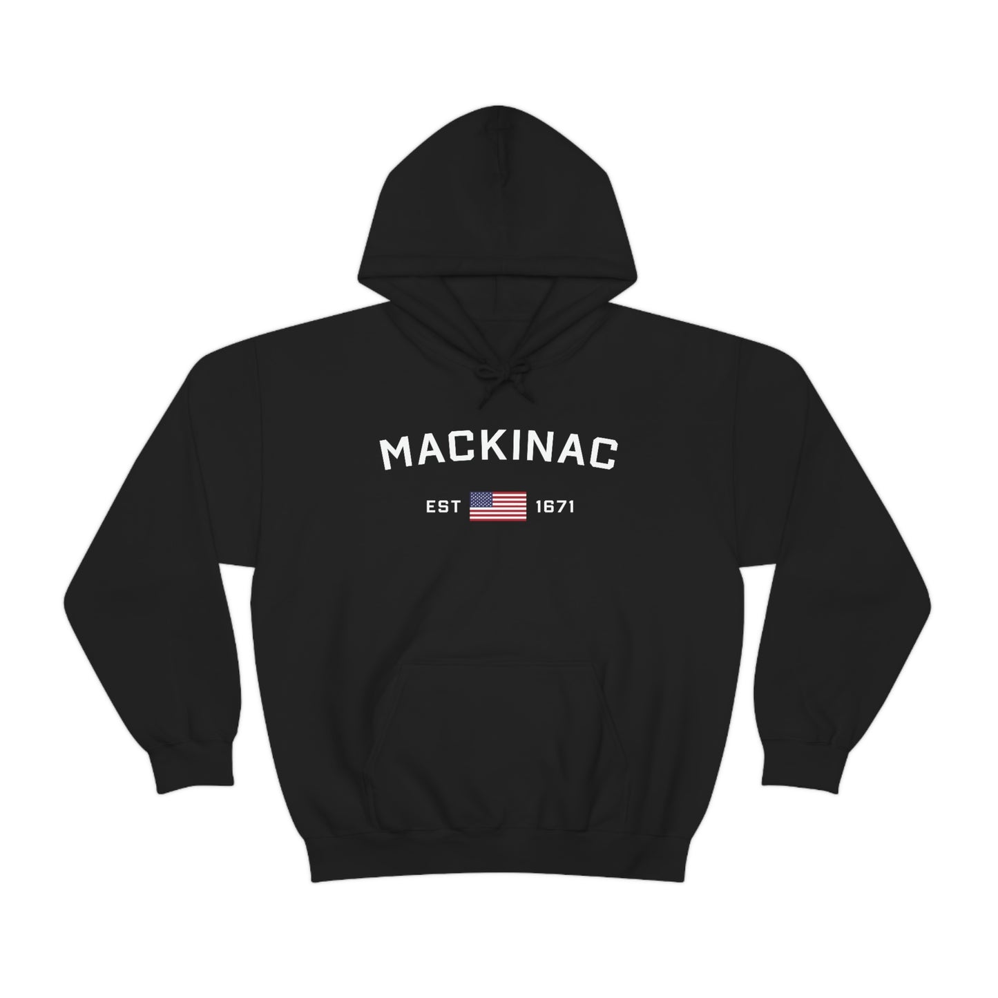 'Mackinac EST 1671' Hoodie (w/USA Flag Outline) | Unisex Standard