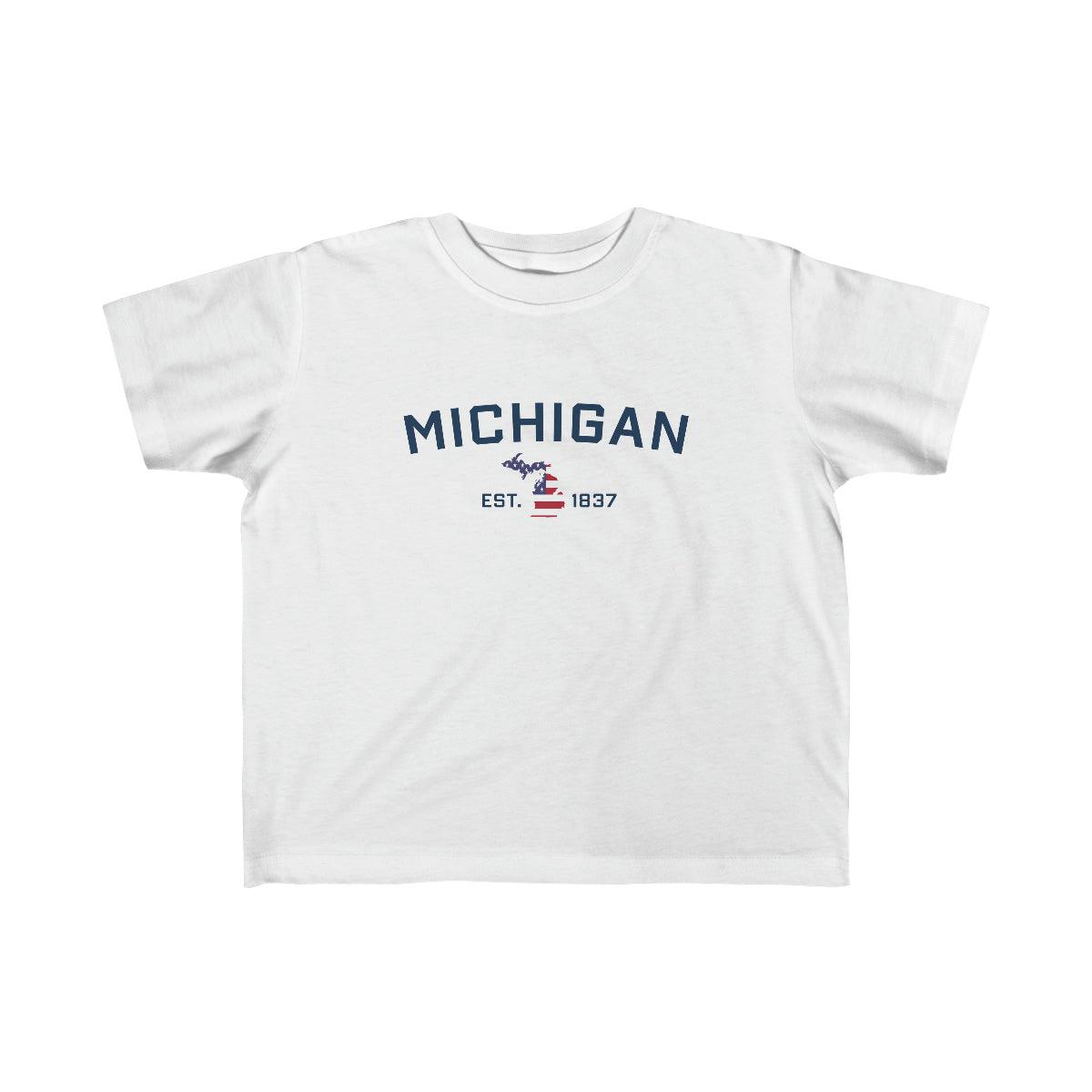 'Michigan EST 1837' T-Shirt  (w/ MI USA Flag Outline) | Toddler Short Sleeve - Circumspice Michigan