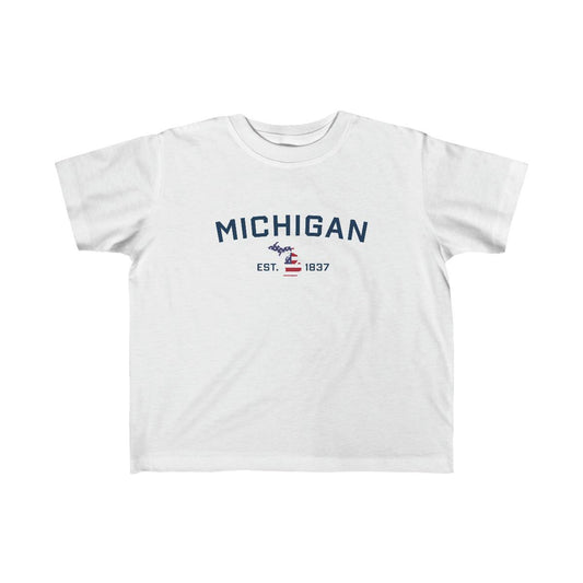 'Michigan EST 1837' T-Shirt  (w/ MI USA Flag Outline) | Toddler Short Sleeve - Circumspice Michigan